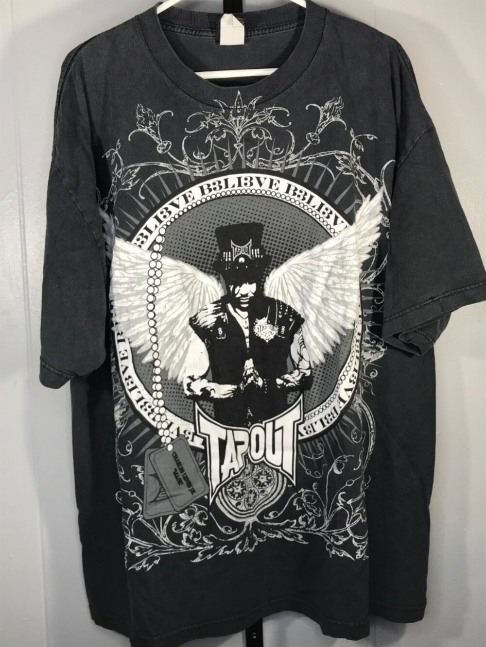 Vtg Y2K Tapout Charles Lewis Jr  “MASK” Believe AOP Grunge Fighter t shirt XXL
